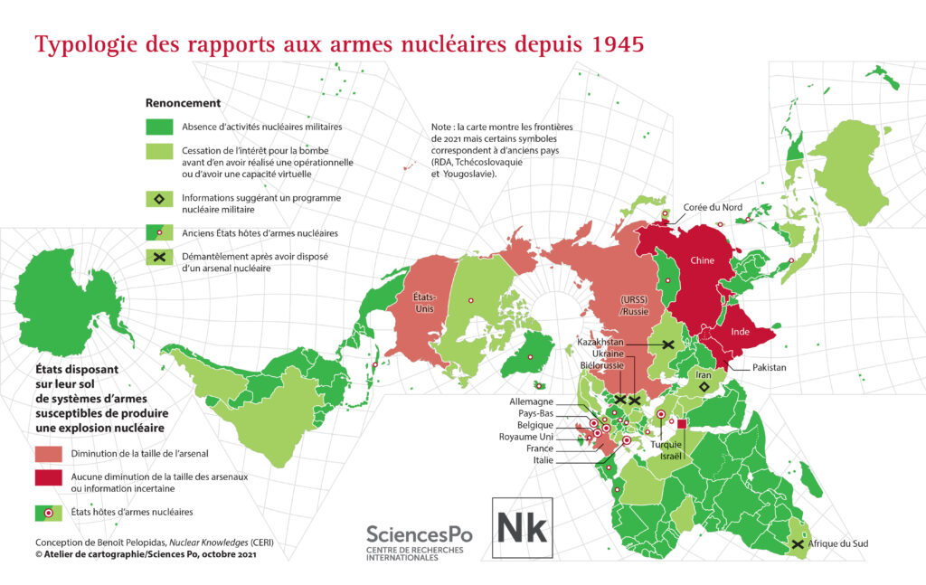 Atelier de cartographie de Sciences Po Paris, “Typologie des rapports aux armes nucléaires depuis 1945”, Conception de Benoît Pelopidas, Nuclear Knowledges (CERI), octobre 2021.